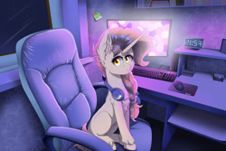 Size: 1280x854 | Tagged: safe, artist:natanvok, imported from derpibooru, oc, oc only, pony, unicorn, bookshelf, chair, clock, computer, computer mouse, computer screen, digital clock, evening, female, headphones, headset, horn, keyboard, long horn, looking at you, mare, microphone, mousepad, oc name needed, office chair, side view, solo, sticky note, unshorn fetlocks, yellow eyes
