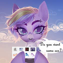 Size: 1024x1024 | Tagged: safe, artist:miioko, imported from derpibooru, oc, oc only, earth pony, pony, bust, eyelashes, female, mare, multicolored hair, rainbow hair, solo, talking to viewer