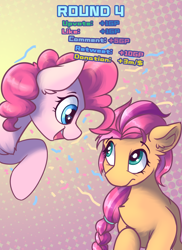 Size: 1600x2200 | Tagged: safe, artist:ravistdash, imported from derpibooru, pinkie pie, sunny starscout, earth pony, pony, spoiler:g5, female, g5, growth drive, looking at each other, looking at someone, shipping, smiling, text