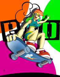 Size: 3694x4724 | Tagged: safe, artist:elstiv, imported from derpibooru, rainbow dash, human, :d, abstract background, clothes, female, humanized, open mouth, open smile, shoes, shorts, skateboard, smiling, solo