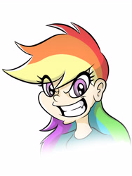 Size: 3543x4724 | Tagged: safe, artist:elstiv, imported from derpibooru, rainbow dash, human, bust, clothes, eyelashes, female, grin, humanized, simple background, smiling, solo, white background