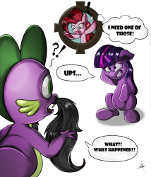 Size: 3543x4134 | Tagged: safe, artist:elstiv, imported from derpibooru, pinkie pie, spike, twilight sparkle, dragon, earth pony, pony, unicorn, accident, exclamation point, facial hair, female, floppy ears, interrobang, male, mare, moustache, question mark, signature, simple background, surprised, transparent background, unicorn twilight