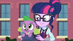 Size: 3410x1920 | Tagged: safe, imported from derpibooru, screencap, sci-twi, spike, spike the regular dog, twilight sparkle, dog, equestria girls, friendship games, backpack, canterlot high, cute, duo, female, glasses, high res, magic capture device, male, open mouth, open smile, smiling, spikabetes, tongue out