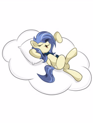 Size: 3543x4724 | Tagged: safe, artist:elstiv, imported from derpibooru, oc, oc only, pegasus, pony, cloud, eyes closed, hair over one eye, on a cloud, pegasus oc, pillow, relaxing, simple background, solo, white background, wings