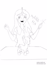 Size: 2952x4133 | Tagged: safe, artist:elstiv, imported from derpibooru, oc, human, pony, robot, robot pony, adventure time, clothes, crossover, derp, female, laughing, lineart, monochrome, princess bubblegum, simple background, solo, white background
