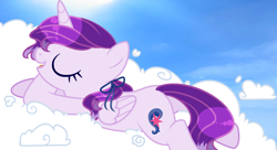 Size: 1498x813 | Tagged: safe, artist:stormcloud-yt, imported from derpibooru, oc, oc only, alicorn, pony, alicorn oc, base used, butt, cloud, eyelashes, eyes closed, female, horn, mare, on a cloud, outdoors, plot, sleeping, solo, wings