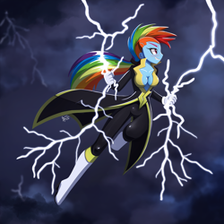 Size: 1280x1280 | Tagged: safe, artist:howxu, imported from derpibooru, rainbow dash, anthro, plantigrade anthro, equestria girls, absolute cleavage, blushing, breasts, busty rainbow dash, cleavage, clothes, cloud, commission, costume, female, flying, gloves, gritted teeth, lightning, shoes, smiling, solo, superhero, thunder