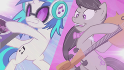 Size: 1920x1080 | Tagged: safe, imported from derpibooru, screencap, dj pon-3, octavia melody, vinyl scratch, earth pony, pony, unicorn, season 5, slice of life (episode), bipedal, cello, duo, faic, female, headphones, insertavia, mare, music battle, musical instrument, open mouth, open smile, smiling