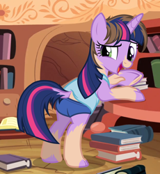 Size: 1042x1131 | Tagged: safe, artist:anonymous, imported from derpibooru, twilight sparkle, human, pony, unicorn, book, bookshelf, clothes, eye color change, fetish, golden oaks library, human to pony, library, shirt, shorts, show accurate, solo, transformation, unicorn twilight