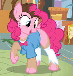 Size: 1614x1687 | Tagged: safe, artist:anonymous, imported from derpibooru, pinkie pie, earth pony, human, pony, bowtie, clothes, eye color change, human to pony, shirt, show accurate, socks, solo, transformation