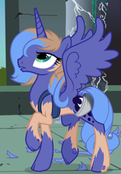 Size: 1091x1559 | Tagged: safe, artist:anonymous, imported from derpibooru, princess luna, alicorn, human, pony, clothes, eye color change, human to pony, s1 luna, shorts, show accurate, solo, spread wings, torn clothes, transformation, vest, wings