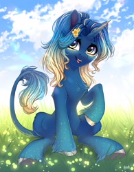 Size: 2500x3200 | Tagged: safe, artist:hakaina, imported from derpibooru, oc, oc only, pony, unicorn, beautiful, belly, belly button, chest fluff, concave belly, cute, flower, flower in hair, ocbetes, raised hoof, sitting, slim, solo, thin, underhoof