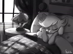 Size: 2048x1535 | Tagged: safe, artist:rottengotika, imported from derpibooru, applejack, pony, bed, black and white, cute, grayscale, jackabetes, lamp, monochrome, sleeping, solo, window
