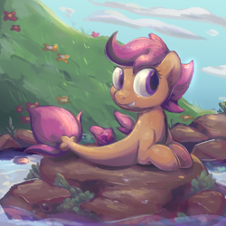 Size: 1024x1024 | Tagged: safe, artist:kukie, derpibooru exclusive, imported from derpibooru, scootaloo, seapony (g4), cloud, cute, detailed background, eyelashes, female, filly, flower, foal, grass, looking right, lying down, prone, rock, seaponified, seapony scootaloo, signature, sky, smiling, solo, species swap, water