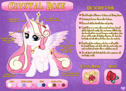 Size: 2687x1958 | Tagged: safe, artist:lovinglypromise, imported from derpibooru, oc, oc:crystal rose, alicorn, pony, crown, female, jewelry, mare, offspring, parent:princess cadance, parent:shining armor, parents:shiningcadance, reference sheet, regalia, solo