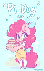 Size: 1058x1702 | Tagged: safe, artist:oofycolorful, imported from derpibooru, pinkie pie, earth pony, semi-anthro, clothes, cute, diapinkes, food, pi day, pie, smiling, solo, starry eyes, wingding eyes