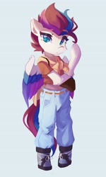 Size: 2464x4096 | Tagged: safe, artist:saxopi, imported from derpibooru, zipp storm, pegasus, semi-anthro, aside glance, blue background, casual clothing, clothes, female, g5, high res, jeans, looking at you, pants, partially open wings, shirt, simple background, solo, standing, t-shirt, wings