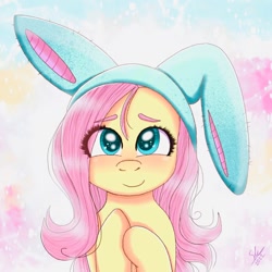 Size: 1024x1024 | Tagged: safe, artist:galaxy swirl, imported from derpibooru, fluttershy, pegasus, pony, abstract background, blushing, bunny ears, bust, cute, daaaaaaaaaaaw, female, full face view, hooves to the chest, looking at you, mare, one ear down, shyabetes, smiling, solo, stray strand, weapons-grade cute