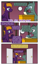 Size: 1920x3168 | Tagged: safe, artist:alexdti, imported from derpibooru, oc, oc only, oc:dark purple, oc:purple creativity, pegasus, pony, comic:the dark purple, ^^, bald, clock, comic, dialogue, duo, duo male, eyes closed, folded wings, glasses, grin, high res, hoof hold, lidded eyes, looking at someone, male, meme, open mouth, open smile, paper, pegasus oc, raised hoof, rule 63, sitting, smiling, speech bubble, stallion, standing, underhoof, wings