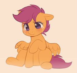 Size: 759x720 | Tagged: safe, artist:higgly-chan, imported from derpibooru, scootaloo, pegasus, pony, crying, cute, cutealoo, female, filly, foal, full body, hooves, pink background, raised hoof, sad, sadorable, scootasad, simple background, sitting, solo, wings