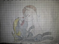 Size: 3968x2976 | Tagged: safe, artist:pashkek, imported from derpibooru, derpy hooves, ditzy doo, doctor whooves, time turner, pegasus, pony, blushing, doctorderpy, female, graph paper, heart, kissing, male, photo, shipping, straight, surprised, text, traditional art