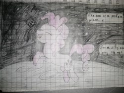 Size: 3968x2976 | Tagged: safe, artist:pashkek, imported from derpibooru, pinkie pie, pony, comic:friendless moon, blue eyes, graph paper, happy, jumping, moon, singing, smiling, solo, space, text, traditional art