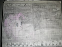 Size: 3968x2976 | Tagged: safe, artist:pashkek, imported from derpibooru, pinkie pie, pony, comic:friendless moon, blue eyes, graph paper, looking back, moon, singing, solo, space, text, traditional art