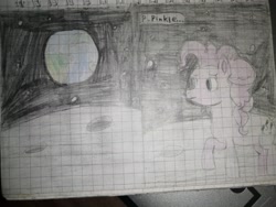 Size: 3968x2976 | Tagged: safe, artist:pashkek, imported from derpibooru, pinkie pie, pony, comic:friendless moon, blue eyes, earth, graph paper, moon, singing, solo, space, text, traditional art