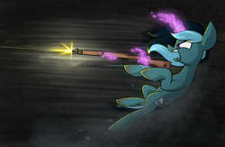 Size: 2284x1492 | Tagged: safe, artist:moonatik, imported from derpibooru, oc, oc only, oc:sol nightshade, pony, unicorn, abstract background, action pose, debris, dust, firing, gun, horn, magic, male, mud, rifle, stallion, unicorn oc, weapon