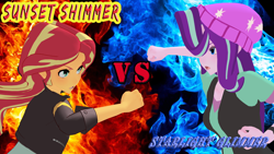 Size: 1920x1080 | Tagged: safe, imported from derpibooru, starlight glimmer, sunset shimmer, equestria girls, 3d, fight, fighting stance, fire, mmd, pose, sunset vs starlight, vs, yakuza