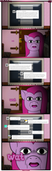 Size: 1245x4074 | Tagged: safe, artist:underwoodart, imported from derpibooru, pinkie pie, oc, oc:kumquat, earth pony, pony, timber wolf, ask pink-pony, blurry background, computer, door, keyboard, meme, monitor, pinkamena diane pie, tumblr, tumblr comic, wat