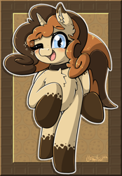 Size: 940x1348 | Tagged: safe, artist:llametsul, imported from derpibooru, oc, oc only, oc:creme cookie, pony, unicorn, blushing, chest fluff, choker, cute, ear fluff, female, freckles, looking at you, mare, one eye closed, raised hoof, smiling, smiling at you, solo, wink, winking at you