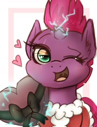 Size: 1529x1998 | Tagged: safe, artist:phoenixrk49, imported from derpibooru, fizzlepop berrytwist, tempest shadow, pony, unicorn, broken horn, christmas, clothes, costume, cute, eye reflection, female, heart, holiday, horn, looking at you, mare, one eye closed, open mouth, open smile, reflection, ribbon, santa costume, smiling, smiling at you, solo, tempestbetes, wink, winking at you