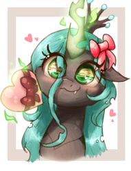 Size: 1529x1998 | Tagged: safe, artist:phoenixrk49, imported from derpibooru, queen chrysalis, changeling, changeling queen, :3, bow, bust, cute, cutealis, eye clipping through hair, eye reflection, female, hair bow, heart, looking at you, magic, magic aura, mare, reflection, ribbon, smiling, solo, telekinesis