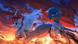 Size: 2500x1406 | Tagged: safe, artist:redchetgreen, imported from derpibooru, oc, oc only, oc:cloud zapper, oc:swift apex, pegasus, pony, aircraft, armor, badass, halo (series), sky, sunset