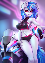 Size: 2480x3508 | Tagged: safe, artist:dandy, imported from derpibooru, dj pon-3, vinyl scratch, anthro, unicorn, belly button, big breasts, bikini, bikini bottom, bikini top, blurry background, bmw, booth babe, breasts, busty vinyl scratch, chest fluff, cleavage, clothes, collarbone, ear fluff, female, grin, helmet, high res, horn, latex, looking at you, motorcycle, motorcycle helmet, neon, see-through, smiling, smiling at you, solo, stupid sexy vinyl, swimsuit