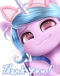 Size: 1155x1473 | Tagged: safe, artist:phoenixrk49, imported from derpibooru, izzy moonbow, pony, unicorn, bust, cat ears, ear fluff, female, g5, horn, looking at you, mare, raised hoof, simple background, smiling, solo, thank you, unshorn fetlocks, whiskers, white background
