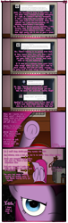 Size: 1245x4078 | Tagged: safe, artist:underwoodart, imported from derpibooru, pinkie pie, earth pony, pony, ask pink-pony, ask, bed, bedroom, blurry background, coal, comic, computer, door, dramatic, eye contact, female, fireplace, keyboard, looking at each other, looking at someone, looking at you, mare, monitor, offscreen character, pinkamena diane pie, pov, solo, tumblr, underhoof
