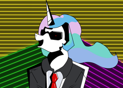 Size: 1400x1000 | Tagged: source needed, safe, artist:str8aura-draws-horses-and-stuff, imported from derpibooru, princess celestia, oc, oc:celestai, fanfic:friendship is optimal, clothes, glasses, max headroom, necktie, neon, red eyes, suit, sunglasses