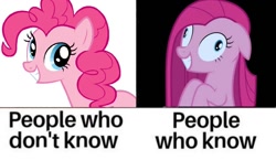 Size: 910x527 | Tagged: safe, artist:mlpfan3991, edit, imported from derpibooru, pinkie pie, earth pony, pony, derpibooru, friendship is magic, party of one, creepy, female, insanity, juxtaposition, looking at you, mare, meme, meta, mr. incredible becoming uncanny, pinkamena diane pie, pinkie pie becoming uncanny, ponified meme, scary, smiling, solo, those who don't know, uncanny valley, vector