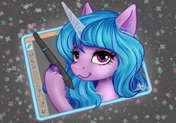 Size: 2480x1748 | Tagged: safe, artist:lailyren, imported from derpibooru, izzy moonbow, pony, unicorn, :3, breaking the fourth wall, female, g5, graphics tablet, looking at you, mare, signature, smiling, solo, stylus, unshorn fetlocks