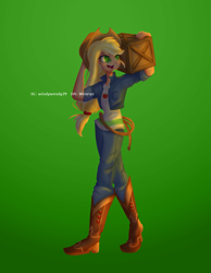 Size: 3111x4000 | Tagged: safe, alternate version, artist:windywendy29, imported from derpibooru, applejack, human, applejack's hat, boots, box, clothes, cowboy boots, cowboy hat, cute, denim, female, freckles, green background, hat, humanized, jackabetes, jeans, lasso, open mouth, pants, rope, shirt, shoes, simple background, solo, t-shirt, vest