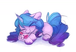 Size: 1752x1202 | Tagged: safe, artist:lbrcloud, imported from derpibooru, izzy moonbow, pinkie pie, pony, unicorn, blushing, cute, eyes closed, female, floppy ears, g5, izzybetes, lying down, mare, pinkie pie plushie, plushie, prone, simple background, solo, unshorn fetlocks, weapons-grade cute, white background