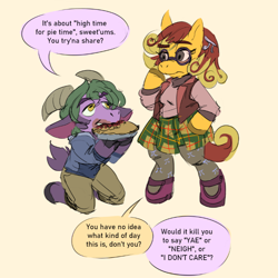 Size: 886x886 | Tagged: safe, artist:mermaxthegoat572, imported from derpibooru, oc, oc only, oc:merkin, oc:π, goat, pony, semi-anthro, clothes, comic, dialogue, food, glasses, leggings, pi, pie, plaid skirt, shoes, skirt, speech bubble