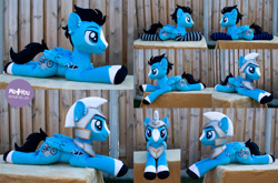 Size: 2200x1454 | Tagged: safe, artist:meplushyou, imported from derpibooru, oc, oc:enduro elite, pegasus, pony, clothes, helmet, irl, lying down, male, photo, plushie, prone, socks, solo, stallion, striped socks