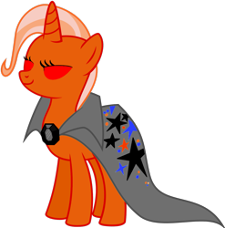 Size: 1279x1296 | Tagged: safe, artist:azooz2662, imported from derpibooru, trixie, pony, unicorn, brooch, cape, clothes, dark, female, full body, hooves, horn, jewelry, lidded eyes, mare, recolor, red eyes, simple background, smiling, solo, standing, transparent background, trixie's brooch, trixie's cape