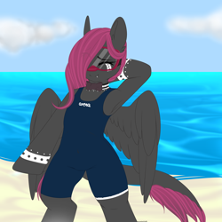 Size: 3000x3000 | Tagged: safe, artist:xcinnamon-twistx, imported from derpibooru, oc, oc:cherry bomb, pegasus, pony, semi-anthro, beach, clothes, cute, fangs, goggles, one-piece swimsuit, smiling, swimsuit, water