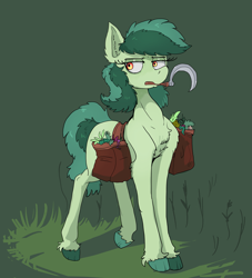 Size: 1909x2099 | Tagged: safe, artist:paskanaakka, derpibooru exclusive, imported from derpibooru, oc, oc only, oc:bittergreen, earth pony, pony, bag, chest fluff, colored hooves, ear fluff, female, mare, mouth hold, not wallflower blush, saddle bag, sickle, solo, unshorn fetlocks