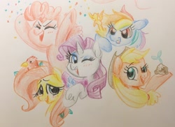 Size: 1280x930 | Tagged: safe, artist:kluzart, imported from derpibooru, applejack, fluttershy, pinkie pie, rainbow dash, rarity, twilight sparkle, alicorn, bird, earth pony, pegasus, pony, unicorn, blushing, colored pencil drawing, confetti, cowboy hat, eyes closed, female, hat, hoof hold, looking at you, mane six, mare, one eye closed, simple background, traditional art, trophy, twilight sparkle (alicorn), white background, wink