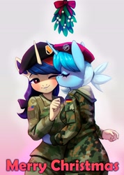 Size: 4000x5608 | Tagged: safe, artist:mrscroup, imported from derpibooru, oc, oc:karina, oc:soleil moonshadow, anthro, unicorn, anthro oc, blushing, bundeswehr, cheek kiss, christmas, clothes, female, german, holiday, horn, hug, kissing, lesbian, military uniform, unicorn oc, uniform, us army